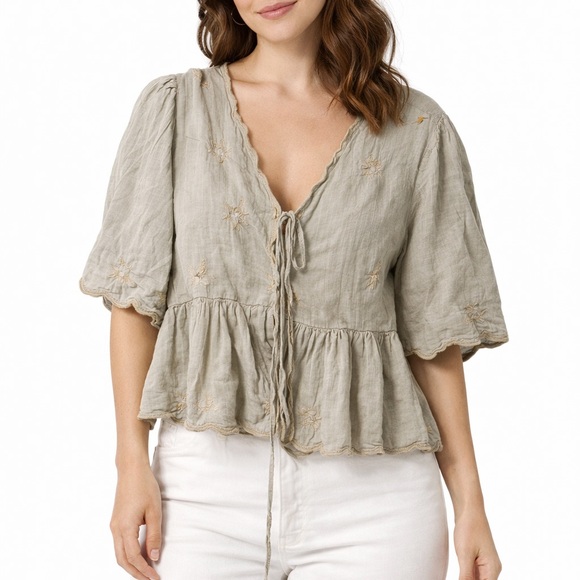 American Eagle Outfitters Olive Tie-Front Embroidered Crop Top - Picture 2 of 3